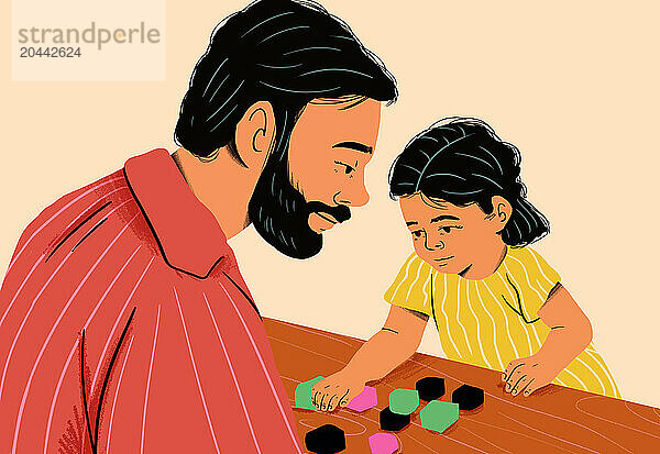 Father and daughter playing leisure game against beige background