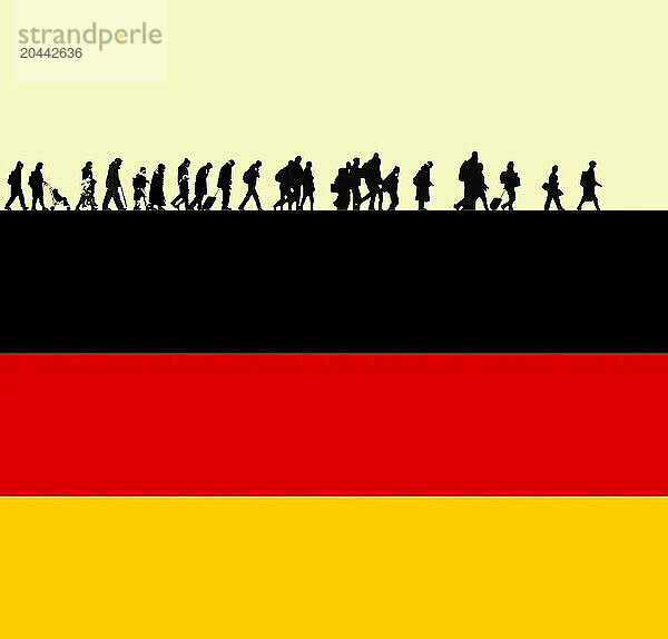 Illustration of immigrants walking on top of German flag