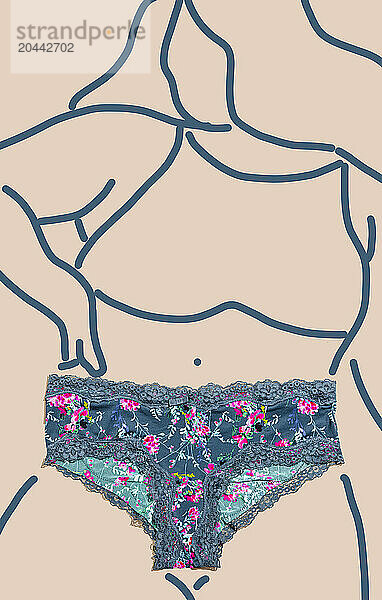 Floral pattern underwear on woman drawing over beige background