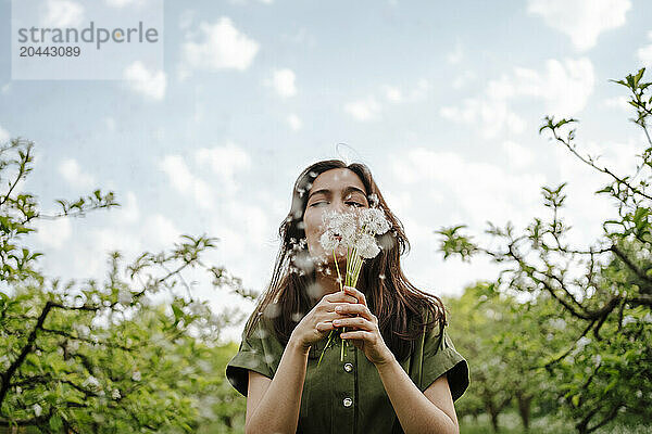 Young woman blowing on dandelions under cloudy sky