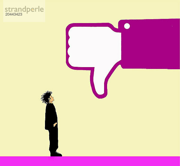 Illustration of boy looking at oversized dislike thumb