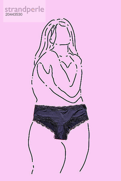 Drawing of woman wearing black underwear and hugging self over pink background