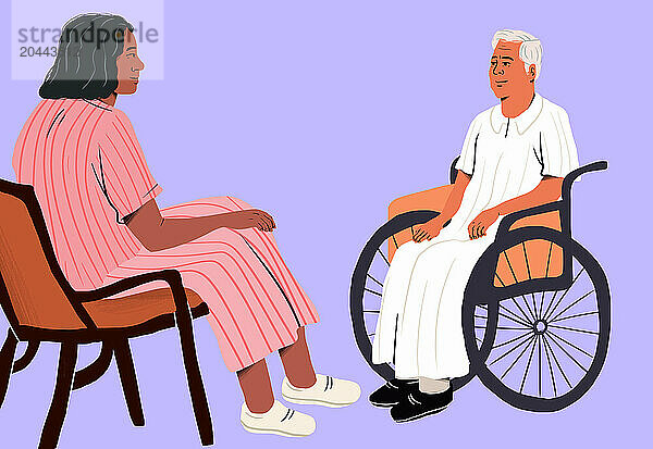 Caregiver discussing with senior man sitting on wheelchair against purple background