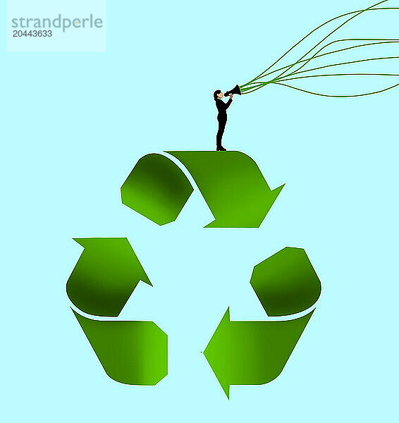 Illustration of woman with megaphone on recycle symbol