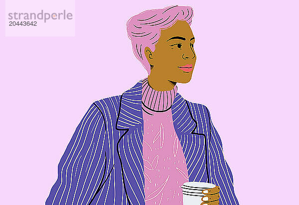 Fashionable woman holding coffee cup against pink background