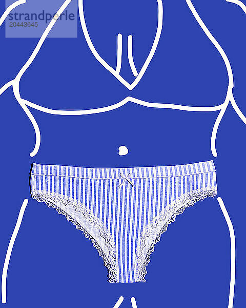 Striped underwear on woman drawing over blue background