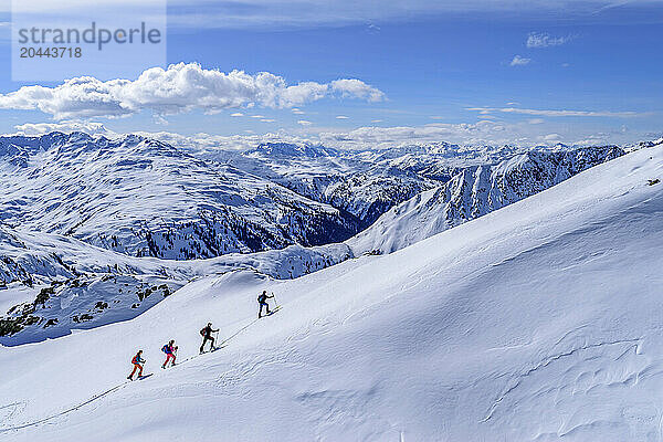 Men and women back country skiing at Gressenstein on sunny day  Inneralpbach  Kitzbuehel Alps  Tyrol  Austria