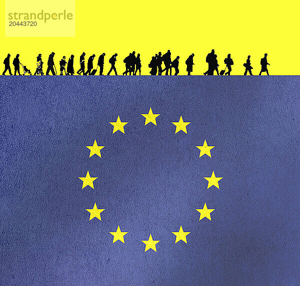 Illustration of silhouette refugees walking in line over European flag