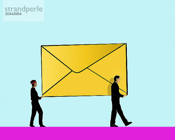 Illustration of couple carrying oversized yellow envelope