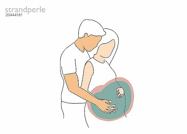 Man taking care of pregnant woman over white background