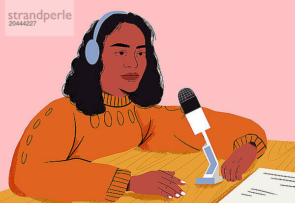 Influencer woman recording podcast against pink background