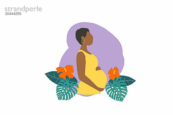 Pregnant woman over purple tone with plants on white background