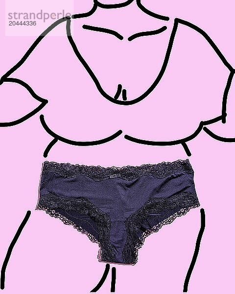 Black underwear on woman drawing over pink background