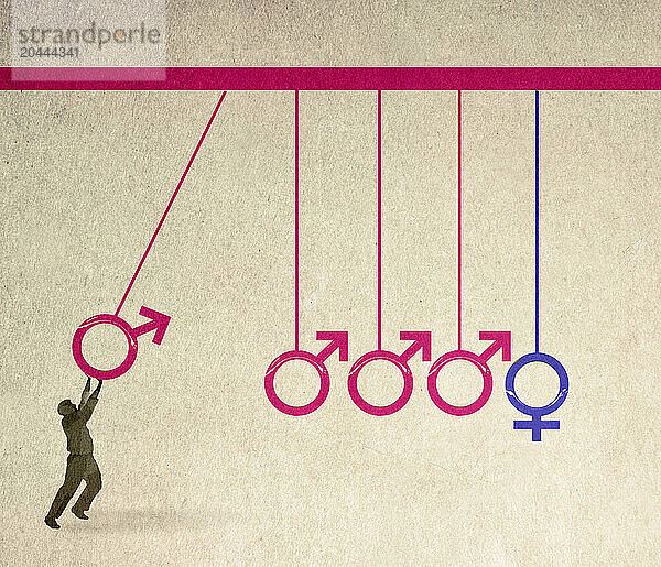 Man starting oversized Newtons cradle made of multiple male and single female symbols