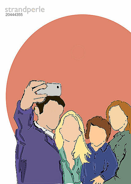 Illustration of family taking selfie through smart phone against colored background