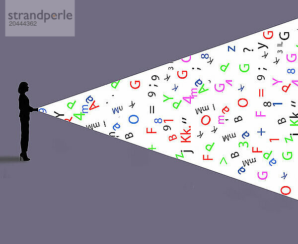 Symbols  numbers and letters illuminated by flashlight held by woman