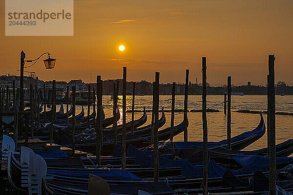 Italy  Veneto  Venice  Silhouettes of gondolas moored in marina at sunrise