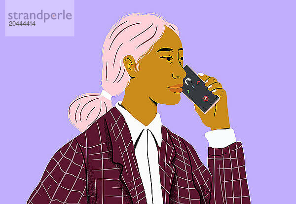 Businesswoman talking through smart phone against purple background