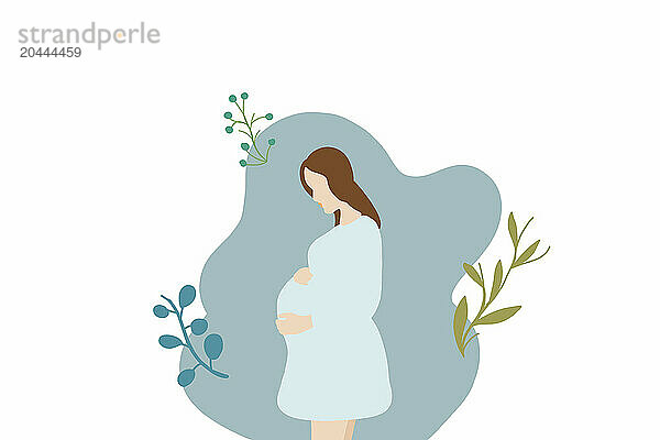 Pregnant women standing near plants over white background