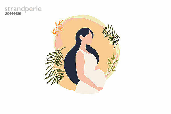 Pregnant woman with long hair over yellow tones on white background