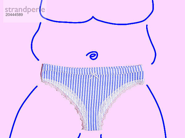 Blue striped underwear on human body drawing over pink background