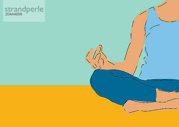 Woman meditating over blue background