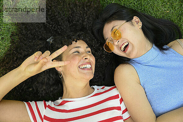 Playful friends gesturing and lying on grass at park