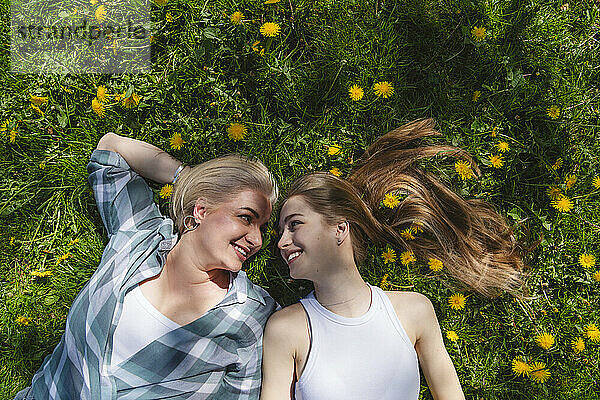 Happy mother and daughter looking at each other over dandelions in park