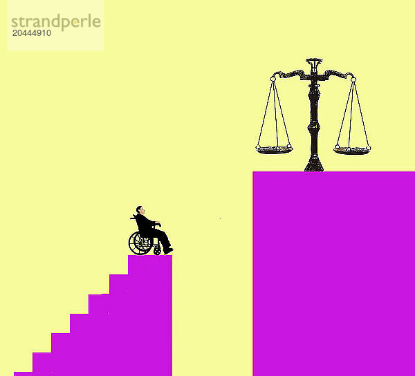 Illustration of man in wheelchair looking towards justice scale against yellow background