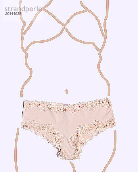 Pink colored underwear on woman drawing over beige background