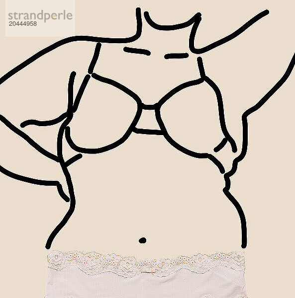 Drawing of woman with pink underwear on beige background