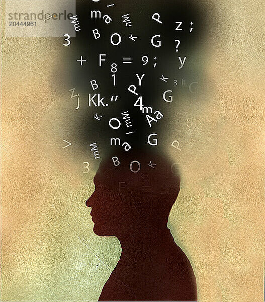 Numbers  letters and symbols coming out of mans head