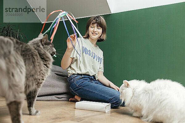 Teenage girl playing with cats at home