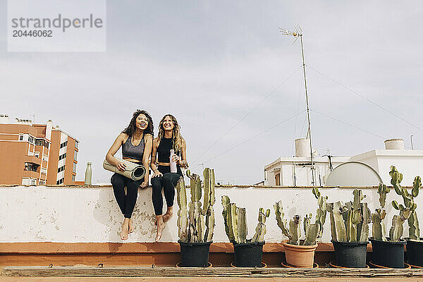 Smiling young female friends sitting together on retaining wall near cactus plants against sky