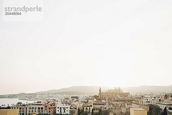 Cityscape with La Seu Cathedral and rooftops in Palma de Mallorca  Majorca  Spain