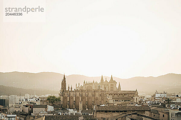 Scenic view of La Seu Cathedral and rooftops in Palma de Mallorca  Majorca  Spain