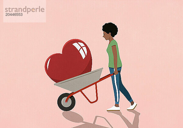 Happy woman pushing large red heart in wheelbarrow on pink background