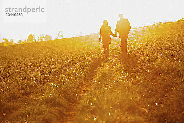 Couple Walking in a Field Holding Hands