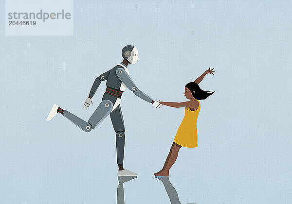 Robot and carefree girl dancing on blue background