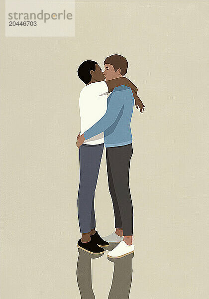 Multiracial gay male couple kissing on beige background