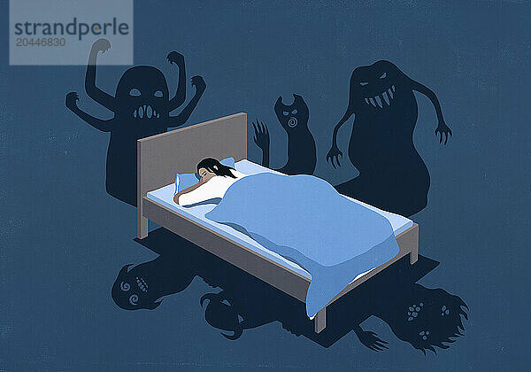 Spooky shadows of monsters surrounding woman sleeping in bed at night