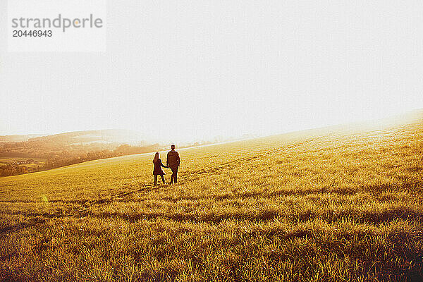 Couple Walking in a Field Holding Hands