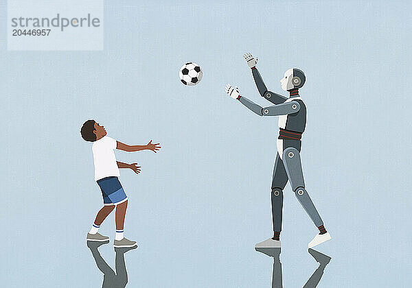 Robot and boy playing catch with soccer ball on blue background