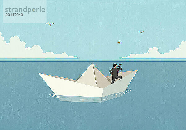 Businessman with spyglass telescope floating on paper boat on ocean