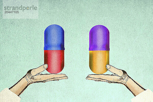 Hände halten zwei verschiedene Medikamentenkapseln