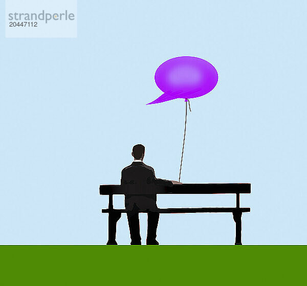 Mann allein auf Parkbank mit Sprechblasenballon