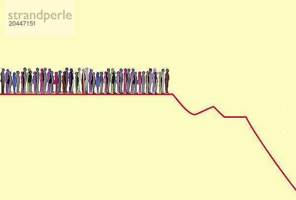 Menschenreihe am Rande eines Diagramms mit fallender Linie