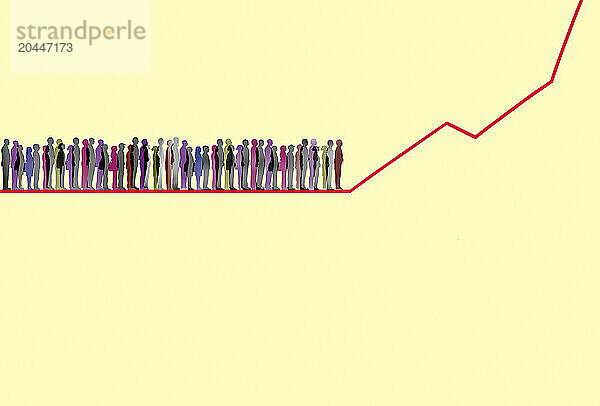 Eine Reihe von Menschen am Rande eines steigenden Liniendiagramms