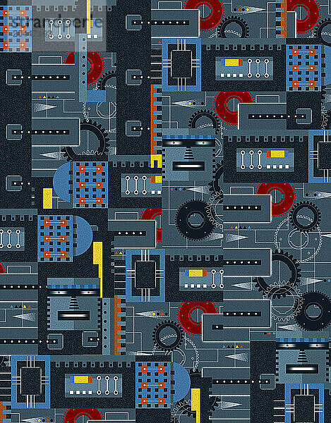 Maskierte Gesichter in abstraktem Motherboard-Muster