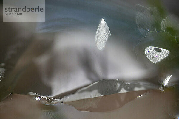 The image showcases a gentle scene of water droplets on a translucent  delicate surface  with soft lighting and blurred background enhancing the dreamy atmosphere.